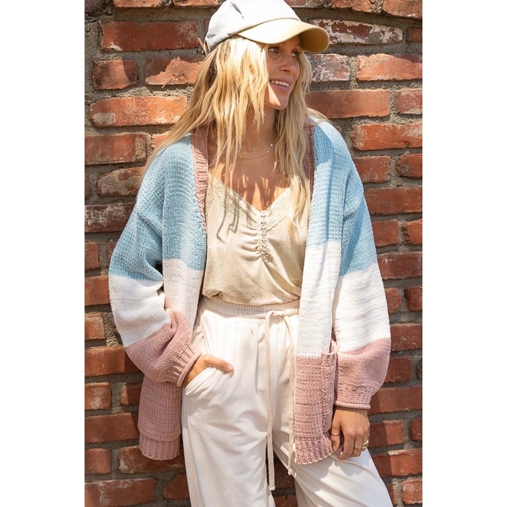 POL Blue & Pink Chenille Button Down Relaxed Fit Cardigan